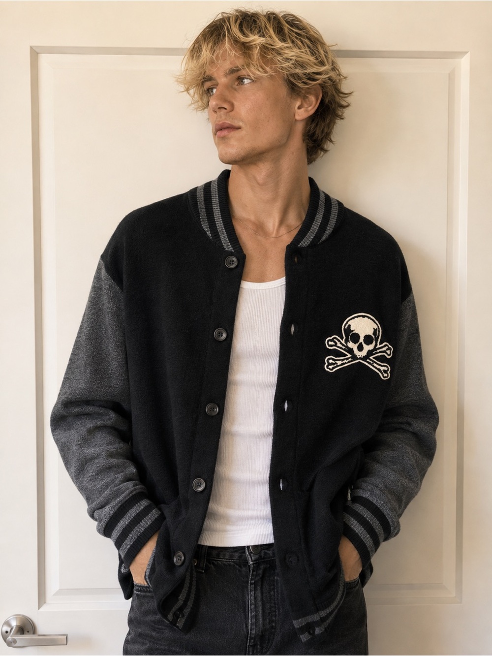 Abercrombie & Fitch Black and Gray Skull Varsity Jacket